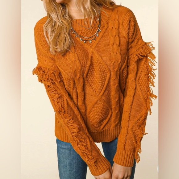 Pink Lily Sweaters - PINK LILY Rust Long Sleeve With Fringe Tassel Sweater, Size 2X